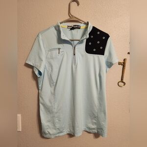 Jamie Sadock Golf Shirt Women L 1/4 Zip Light Blue Short Sleeve Zip Pocket Metal